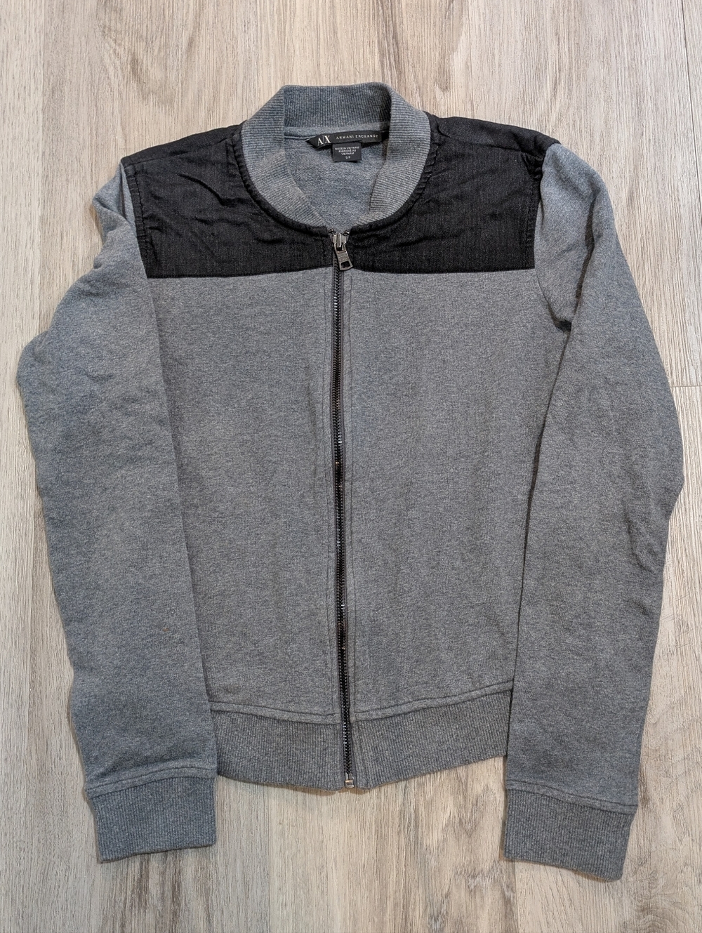 Armani Exchange Gray Black Fleece Bomber Jacket Women’s Size Small Zip‑Up Casual